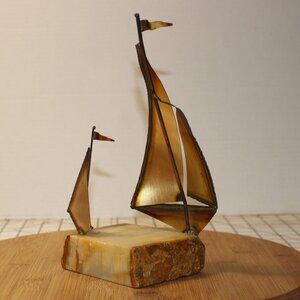 Vintage DeMott Brass Sailboat Sculpture Signed With Stone Onyx Base